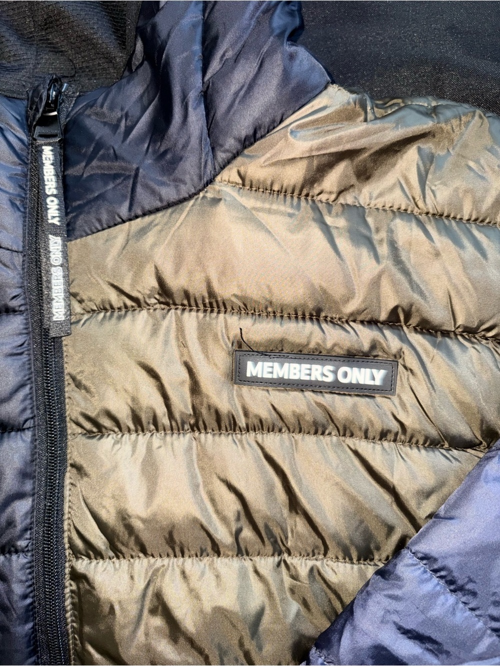 Members Only Men's Two-Tone Quilted Puffer Jacket in Olive and Black